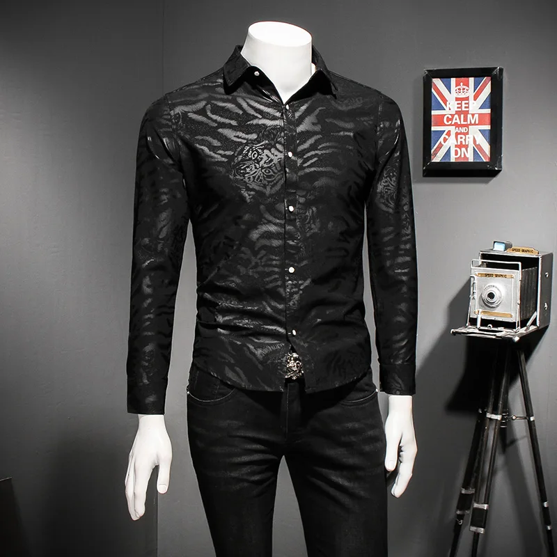 2020 Spring Men Long Sleeve Shirts High Quality Slim Fit Print Social Shirt Plus Size Casual Turn Down Collar Blouse Homme | Мужская