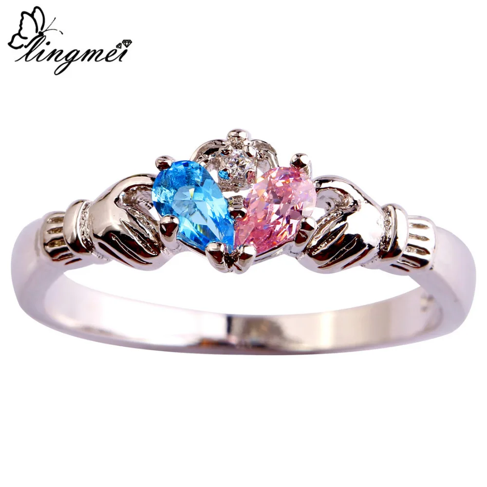 Женское кольцо с фианитом lingmei Claddagh серебряное белого красного и синего цвета