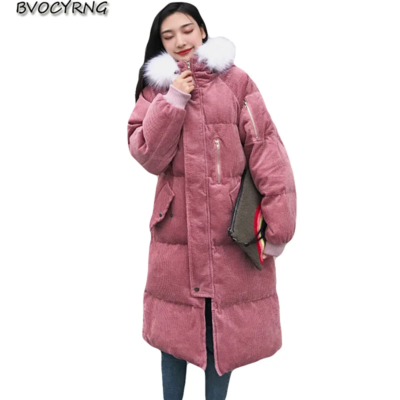 New High Quality Corduroy Hooded Coat Womens Winter Cotton Padded Jacket Warm parka long Loose end Student Outerwear A0804 | Женская