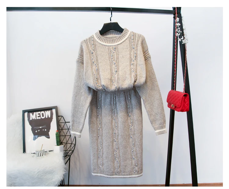 Бежевый ALPHALMODA,, Conjunto Feminino, тяжелая работа, кристалл, роскошные костюмы, женский элегантный свитер, юбка, наборы,, женские костюмы - Цвет: Бежевый