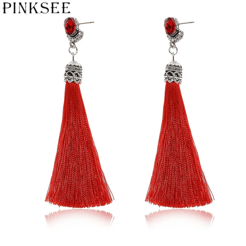 Pinksee 3 цвета Волокно длинной кисточкой Серьги Модные украшения 2017 богемский