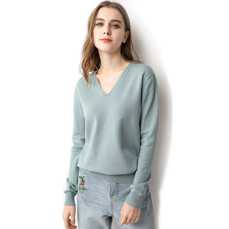 2019 Spring Autumn New Loose Thin V-Neck Sweaters Casual Plus Size Knit Pullovers Women Sweater Solid Color RE2565 | Женская одежда
