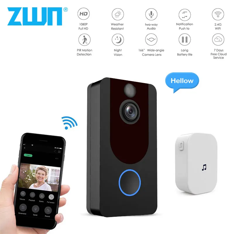 ZWN V7 HD 1080P умный Wi Fi Видеозвонок камера визуальный домофон с сигналом ночного