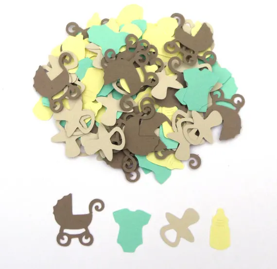 

Little Peanut Baby Themed Party Confetti Set of120Assorted Pieces Light Green, Yellow and Browns Table decor scrapbook Confettis