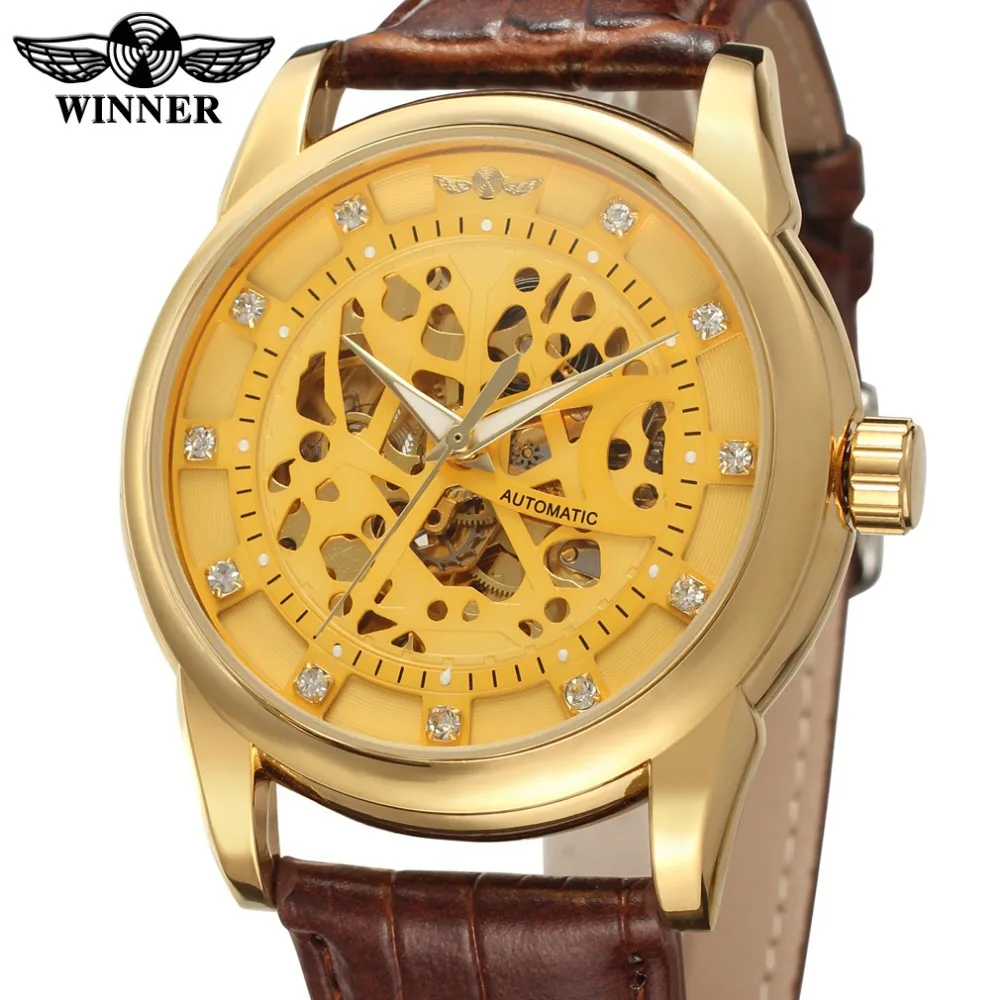 

Super Stylish Gold Color Alloy Case Skeleton Dial Brown Genuine leather Men Automatic Watch WINNER relojes de marca/WRG8097M3G2