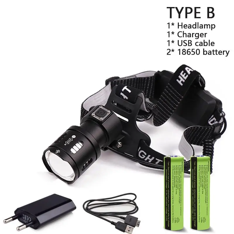 TYPE B Светодиодный налобный фонарь 30000 лм XPL V6 XHP50 hoofdlamp usb Перезаряжаемый водонепроницаемый налобный фонарь 18650 Аккумулятор для рыбалки - Испускаемый цвет: TYPE B