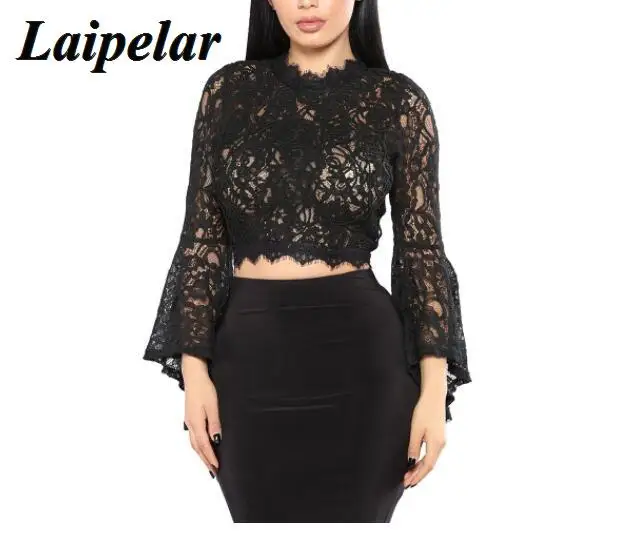 Laipelar Women Black Sexy See Through Blouse Ladies Chic Flare Sleeve Lace Casual Crop Top Floral Print Zipper Blouses Shirt