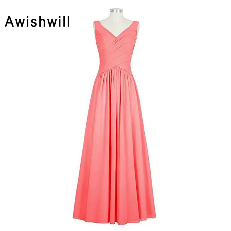 

Real Photo Long Bridesmaid Dress V-Neckline Chiffon Floor Length Elegant Wedding Party Dress Custom Made Plus Size