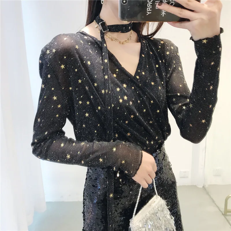 Sexy Top Black Slim Wrap T-shirts Women Sparkling stars Surplice Summer Tops 2018 Spring Long Sleeve Casual T-shirt Clothes | Женская
