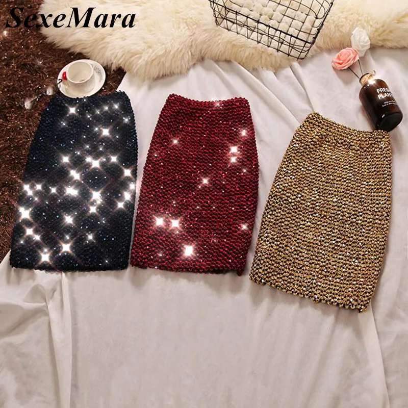Новинка 2018 юбки SexeMara с завышенной талией карандаш блестками Облегающие футляры