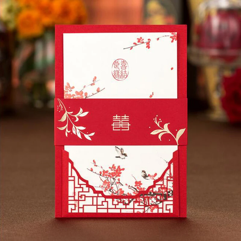 

50pcs Chinese Red Plum Blossom Laser Cut Invitation Card Envelope Printable Customizable Inner Sheet Wedding Decoration Supplies