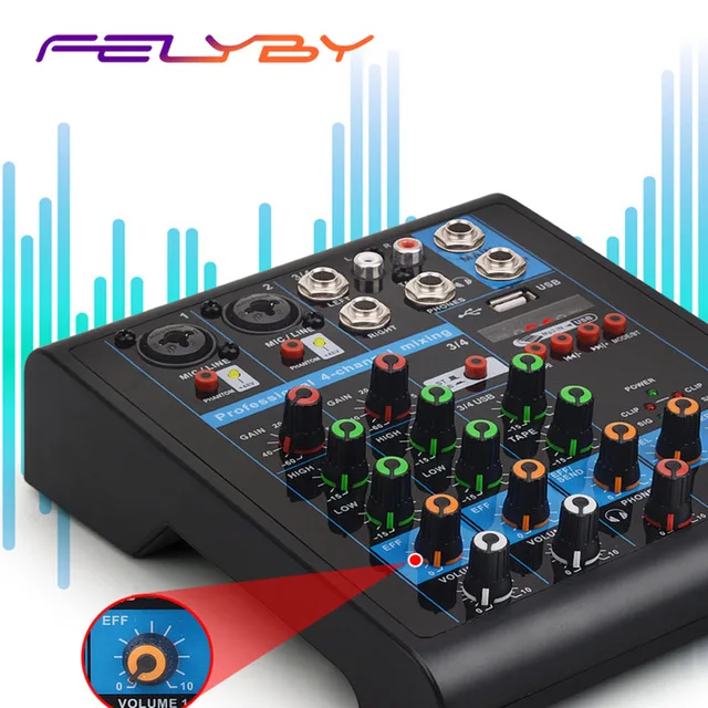 FELYBY портативный аудио микшер с USB многофункциональный 4 канала 48 в усилитель с Bluetooth для дома караоке шоу