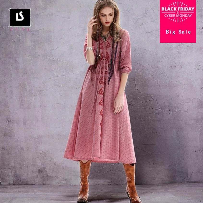 

2018 fashion brand new flower embriodery cotton and linen dress female retro v-neck Slim seaside Empire holiday dress wq21