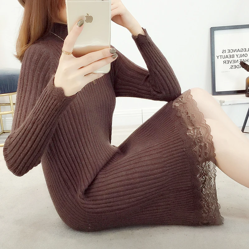 Женское трикотажное платье свитер с длинным рукавом и высоким