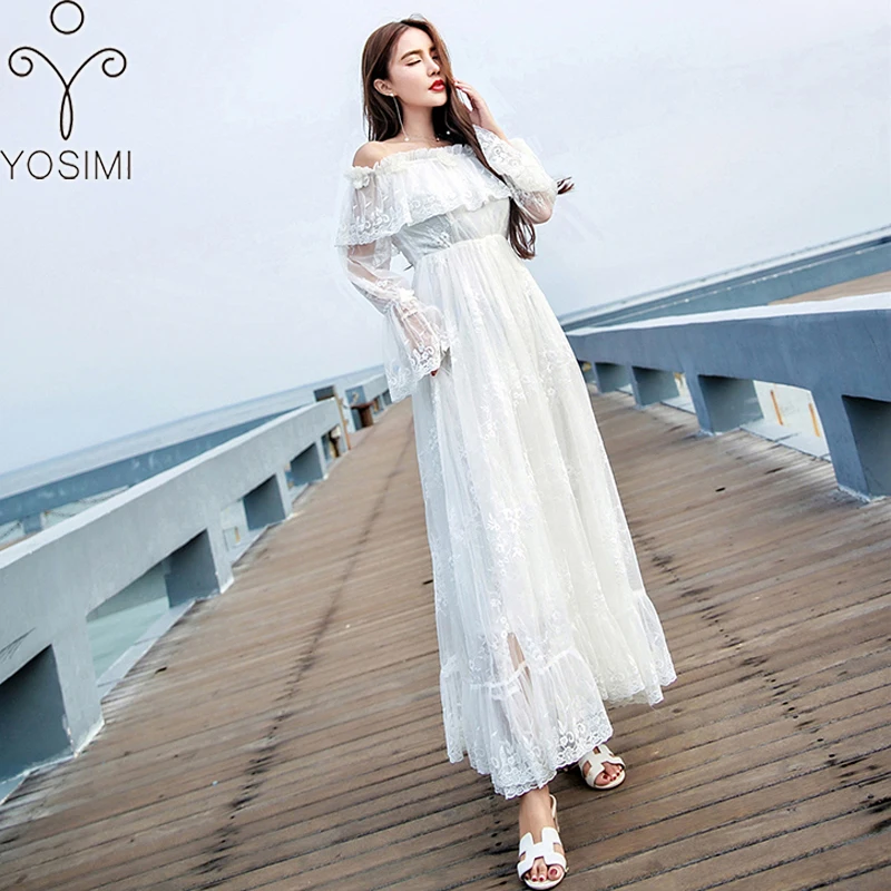 YOSIMI летнее макси винтажное кружевное длинное женское платье туника белая Фея вечернее платье с открытыми плечами с вырезом лодочкой Vestidos