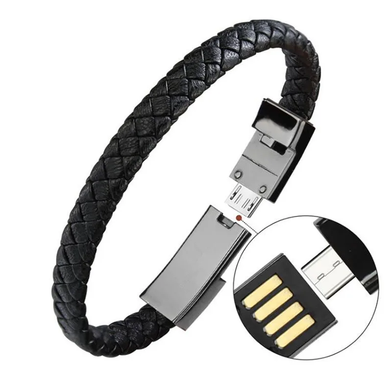 USB зарядное устройство для телефона для путешествий, черный плетеный кожаный браслет в стиле панк для мужчин, нержавеющая магнитная застежка, быстрая зарядка, портативный usb-кабель для улицы