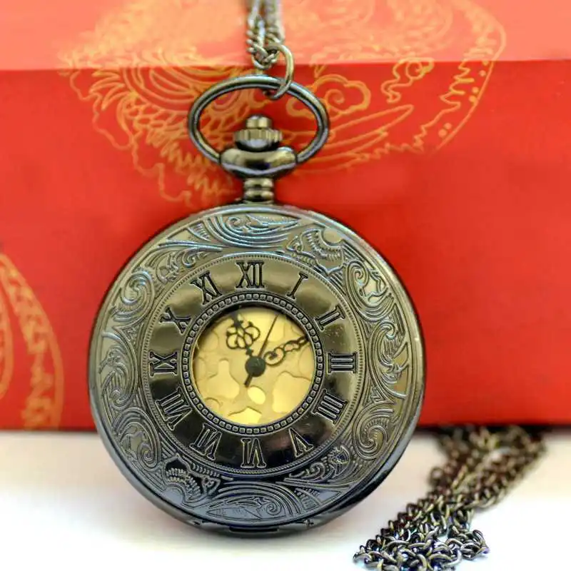black and gold Стильный черный двойной дисплей римские весы ретро черное лицо белая игла ностальгические карманные часы с necklace ем четыре цвета - Цвет: black and gold