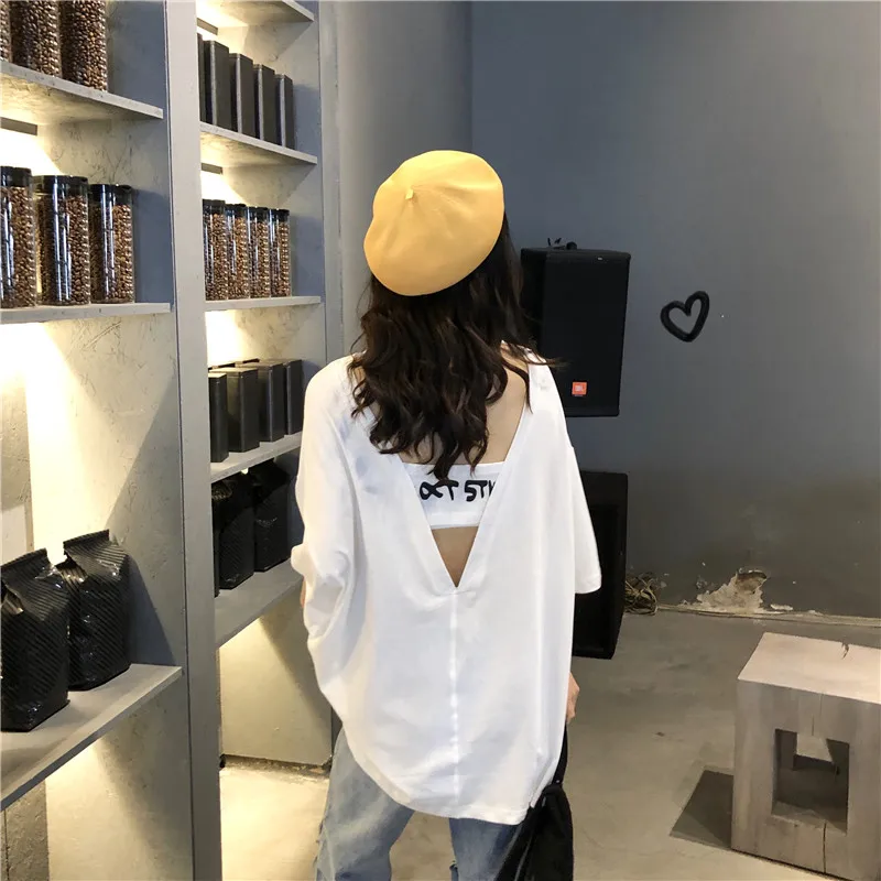 Harajuku креативная женская футболка с открытой спиной, летняя новая футболка с буквенным принтом, женские корейские повседневные свободные мягкие топы, Длинные футболки