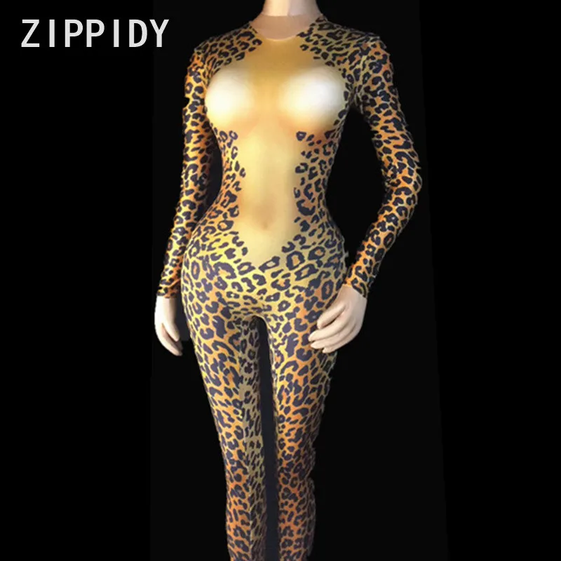 New Leopard Printed Gold Rhinestones Stretch Jumpsuit Nightclub Singer Dance Bodysuit Women's Cosplay Party Outfit Sexy Leggings