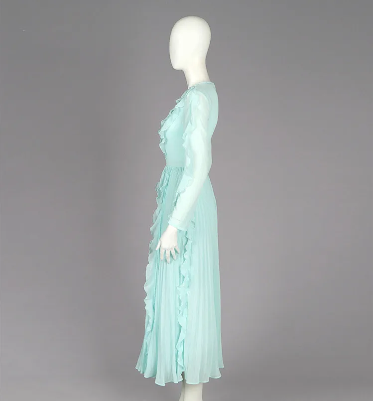 Vestidos de fiesta, высокое качество, женские вечерние платья, элегантное гофрированное длинное шифоновое платье с длинным рукавом, женское платье для подиума