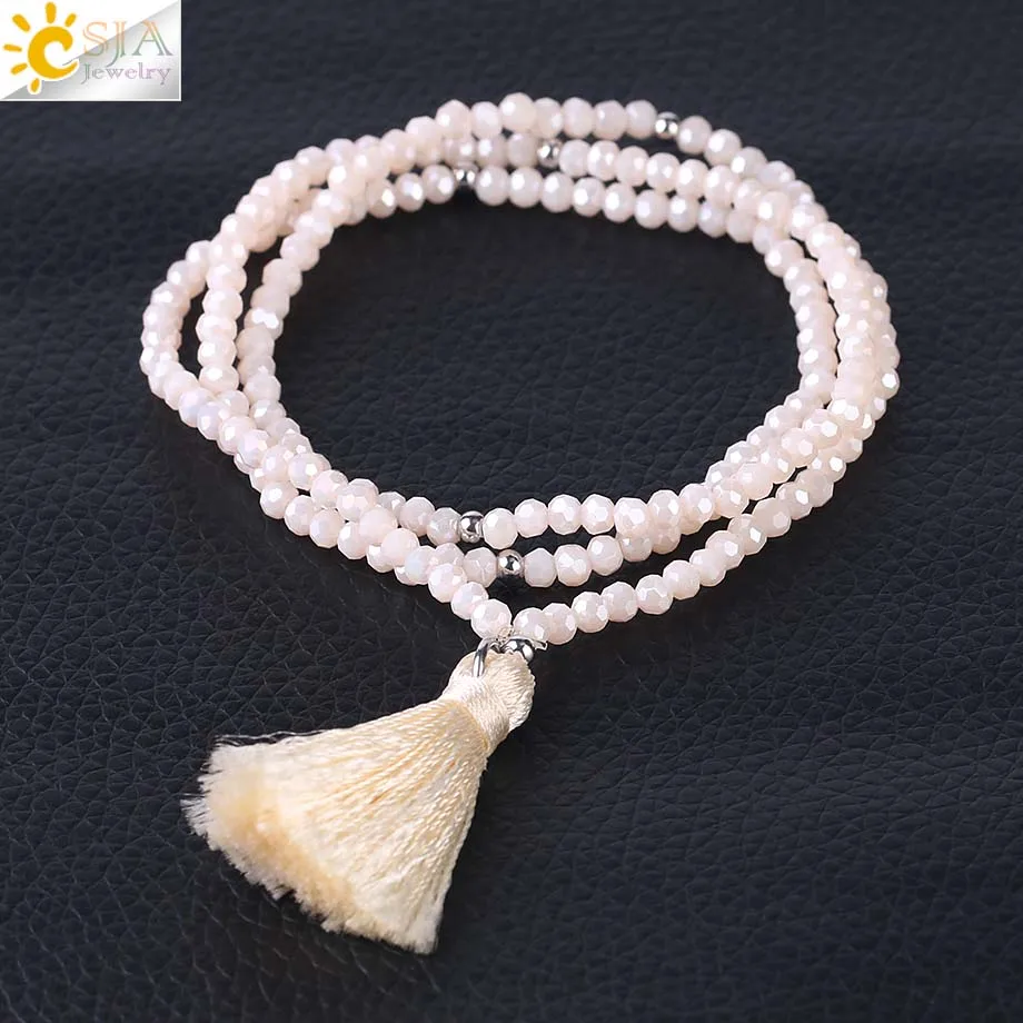 Creamy White CSJA Boho кисточка с бахромой крошечный граненый многослойный Хрустальный Браслет Браслеты Дружбы бижутерия ручной работы Pulsera эластичный S117 - Окраска металла: Creamy White