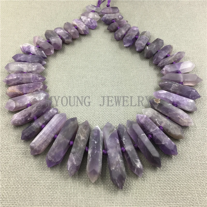 

MY1121 Double Terminated Frosted Amethysts Point beads,Nature Stone Purple Crystal 15-65*10mm Mix Size 15.5"strand
