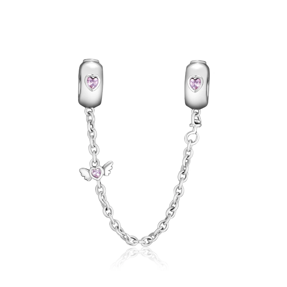 

Fits Pandora Charms Bracelets Bright Hearts Safety Chain, Pink Crystals Beads 925 Sterling-Silver-Jewelry DIY Making