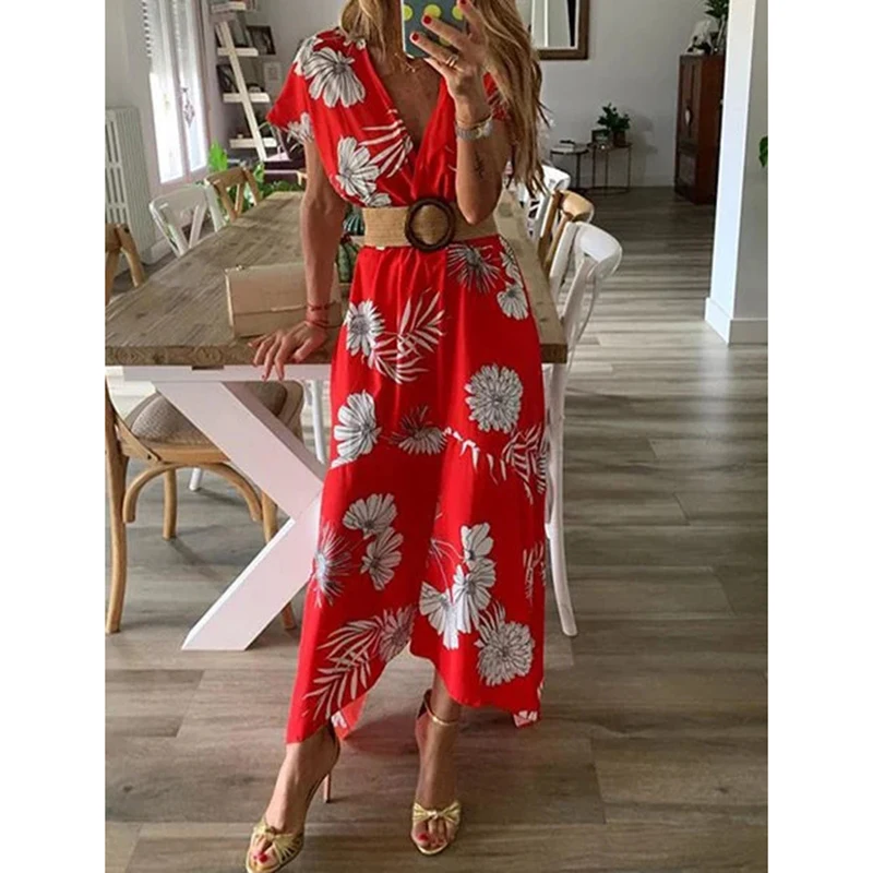 Платье-макси с цветочным принтом коротким рукавом и поясом | Женская одежда