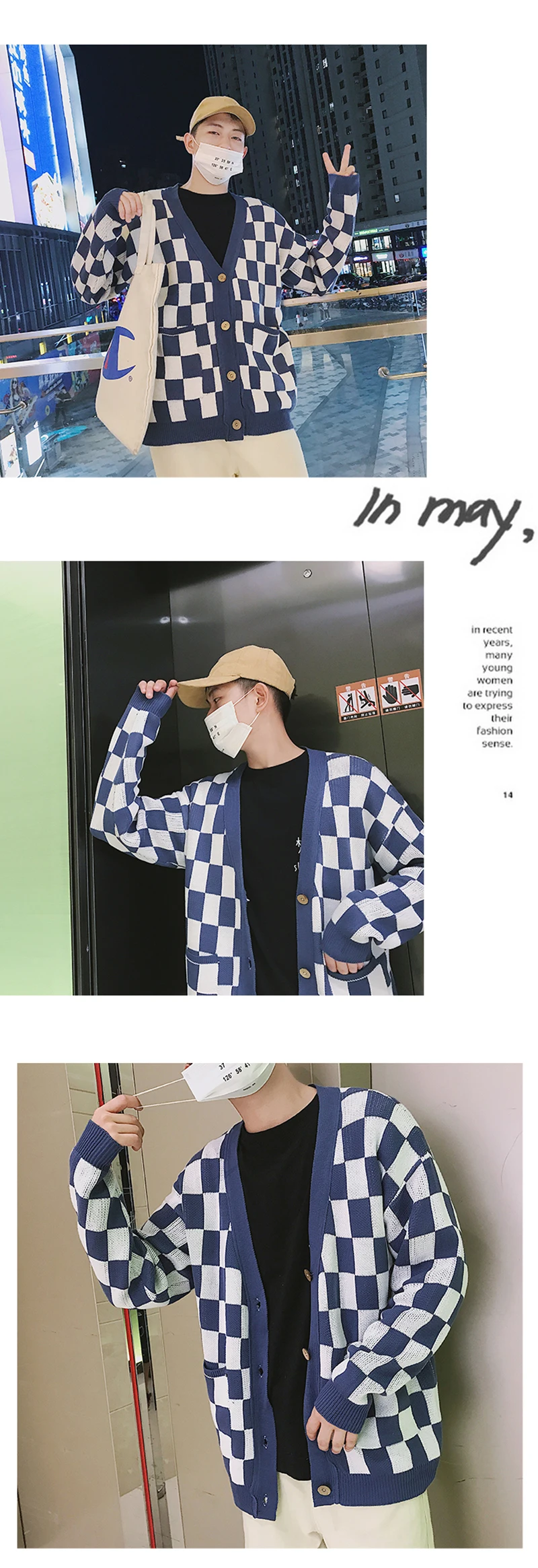 Plaid Oversized Sweater Men Hip Hop Mens v Neck Knit Cardigan Hombre Korean Checked Vintage Knitted Jacket Sweaters Mens Stylish