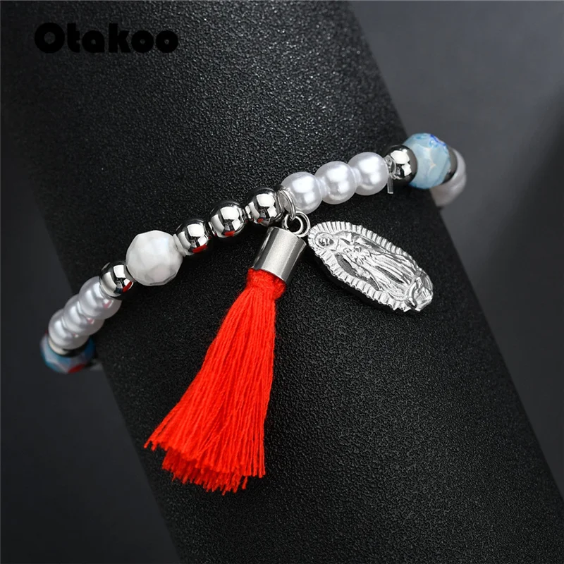 Otakoo Новое поступление серебристые четки бусины крест Религиозный браслет Дева