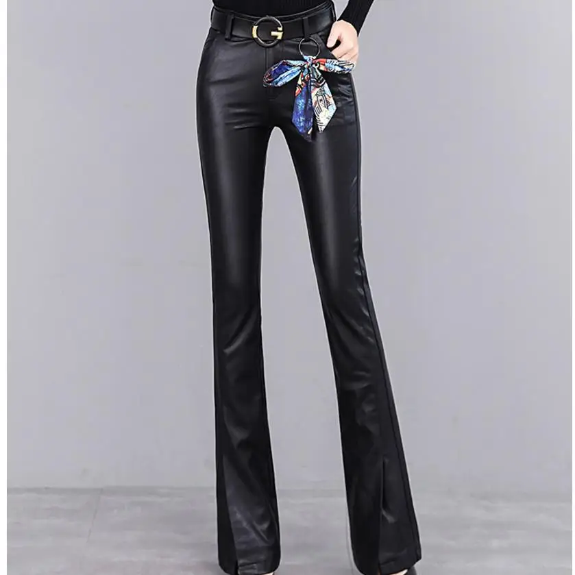 Брюки клеш из ПУ кожи с высокой талией|trousers high waist|flare pantssplit pants |