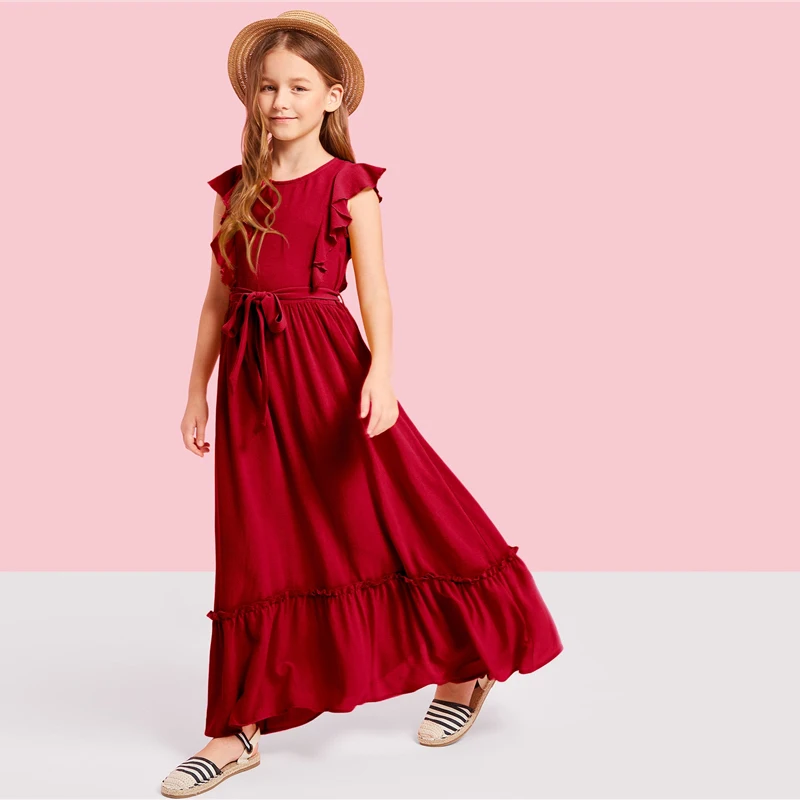SHEIN Kiddie/Бордовое платье на молнии с рюшами сзади для девочек-подростков; вечерние платья макси для девочек; коллекция года; сезон лето; зеленое платье трапециевидной формы без рукавов для девочек