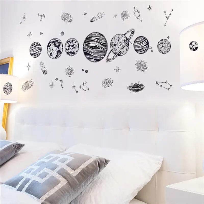 Cartoon Black Sketch Space Planet Wall Sticker Removable Self-adhesive Wallpaper Mural Decal Stars Kids Room Bedroom Decoration | Дом и сад