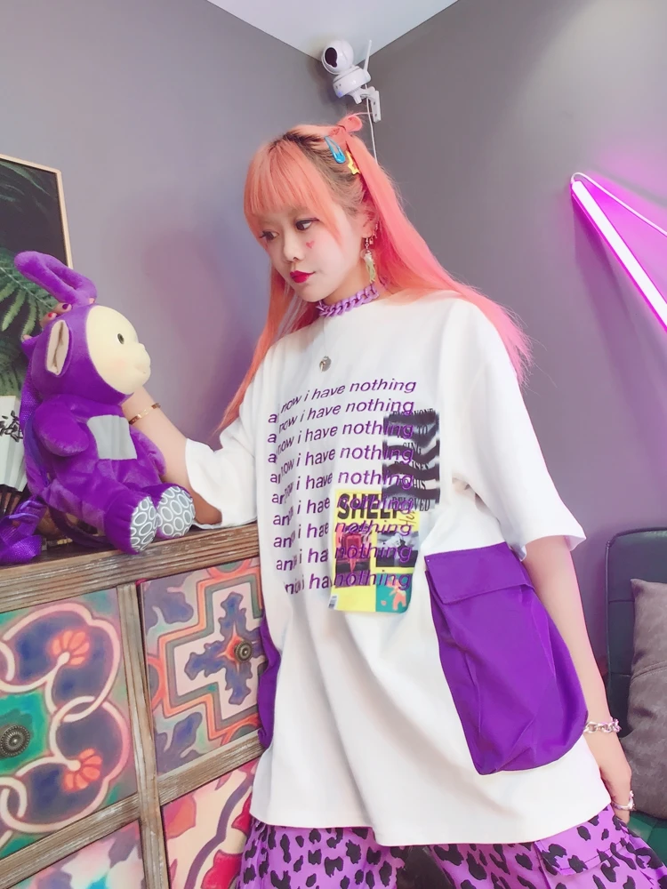 Ulzzang чистая красная с такой же женской Джокер письмо стикер большой карман, футболка s