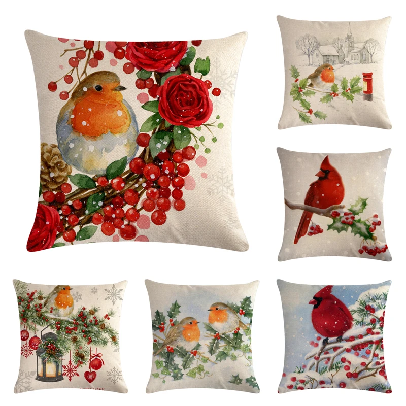 

Чехол для подушки 45x45 см, с рисунком птицы, снега, Рождества