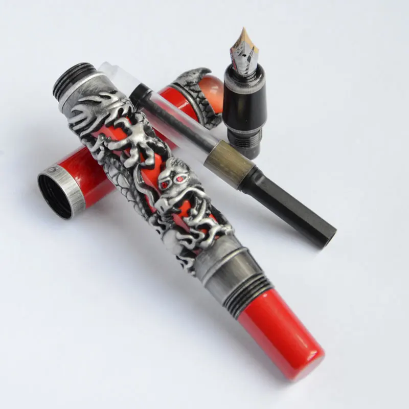 Перьевая ручка Jinhao DRAGON KING PLAY PEARL RED BARREL антикварный серебряный дракон тиснение прекрасный 18KGP перо 3 вида цветов для выбора офиса