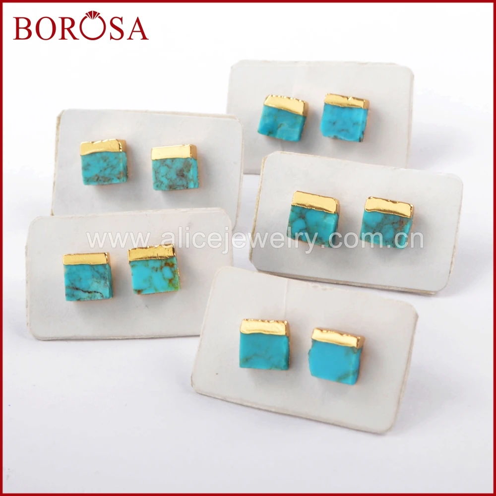 Золотистые серьги гвоздики BOROSA 5/10 пар 7 мм квадратные из синего натурального