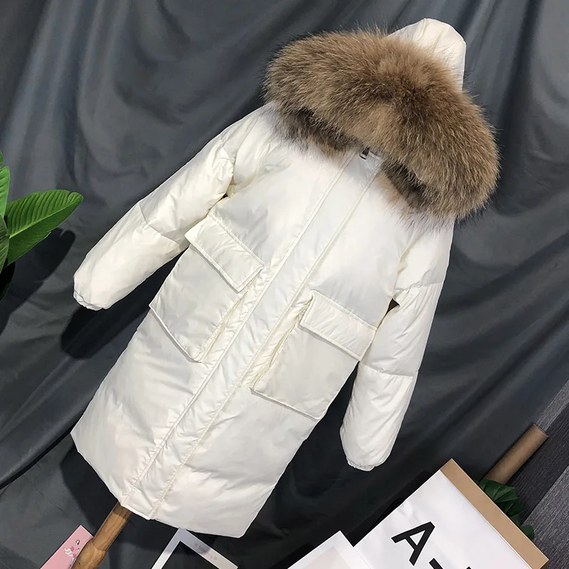 White Женский пуховик, большой,, натуральный мех енота, воротник, теплый, зимний, свободный, верхняя одежда, капюшон, внутренний пояс, большие карманы - Цвет: White