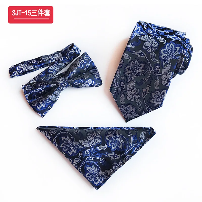 SJT-15 Charm Dark Blue Background Purple Paisley Ties&Bow Tie&Hanky Set Luxury Purple Jacquard Wedding Gift - Цвет: SJT-15
