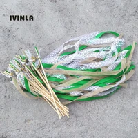 newest 50pcslot burlap jute green wedding ribbon wands stick with lace and bells for wedding party
