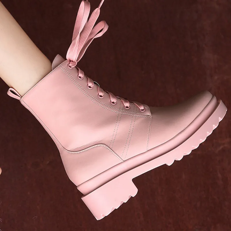 Harga ASUMER 2022 Sepatu Kulit Asli Baru Sepatu Bot Pergelangan Kaki Berenda Ujung Bulat Sepatu Prom Klasik Hak Persegi Sepatu Bot Wanita Musim Gugur Musim Dingin