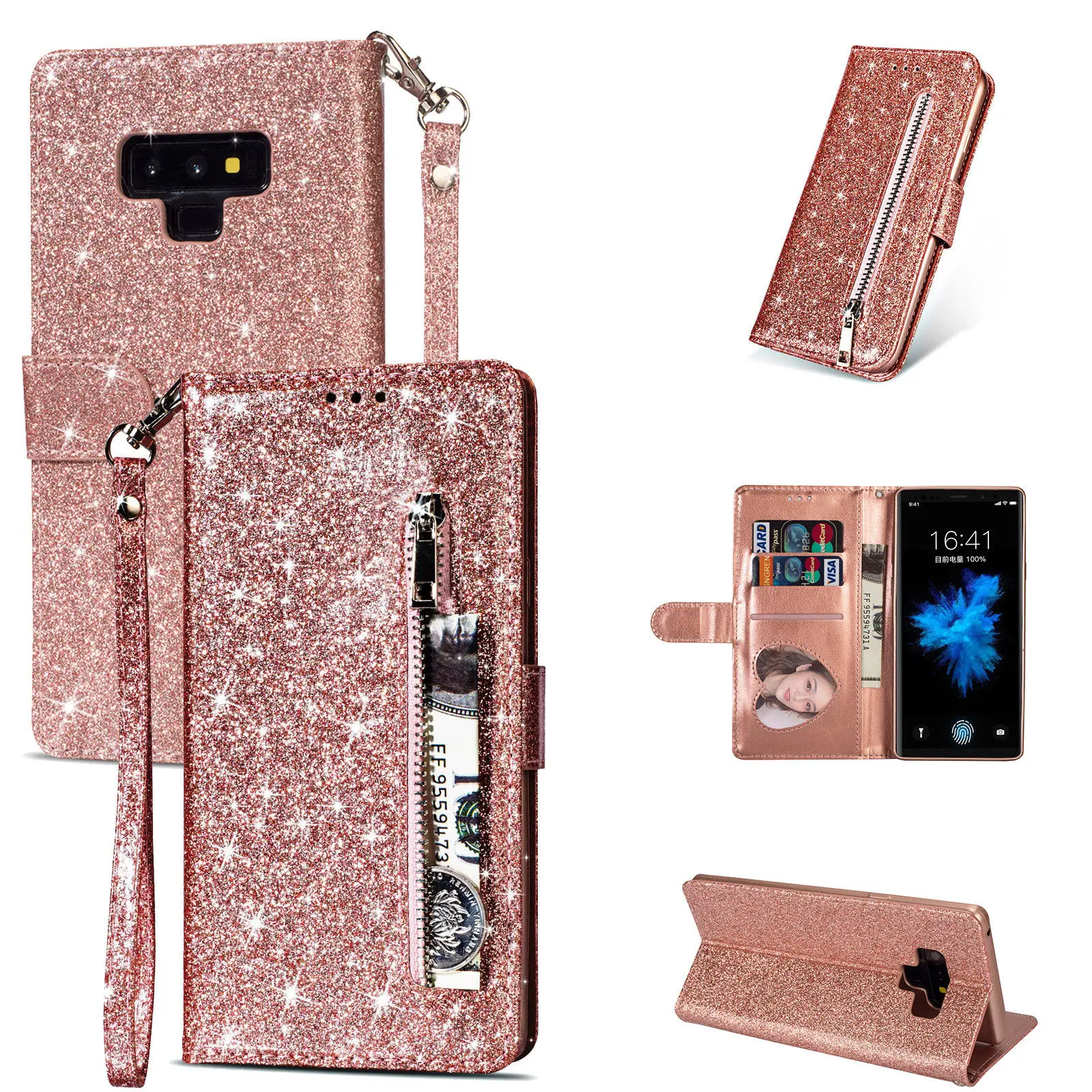 Чехол сверкающий с блестками для samsung Galaxy S10e Note 8 9 S10 Plus S9 S8 Plus S7 Edge S6 кожаный откидной Чехол-кошелек на молнии