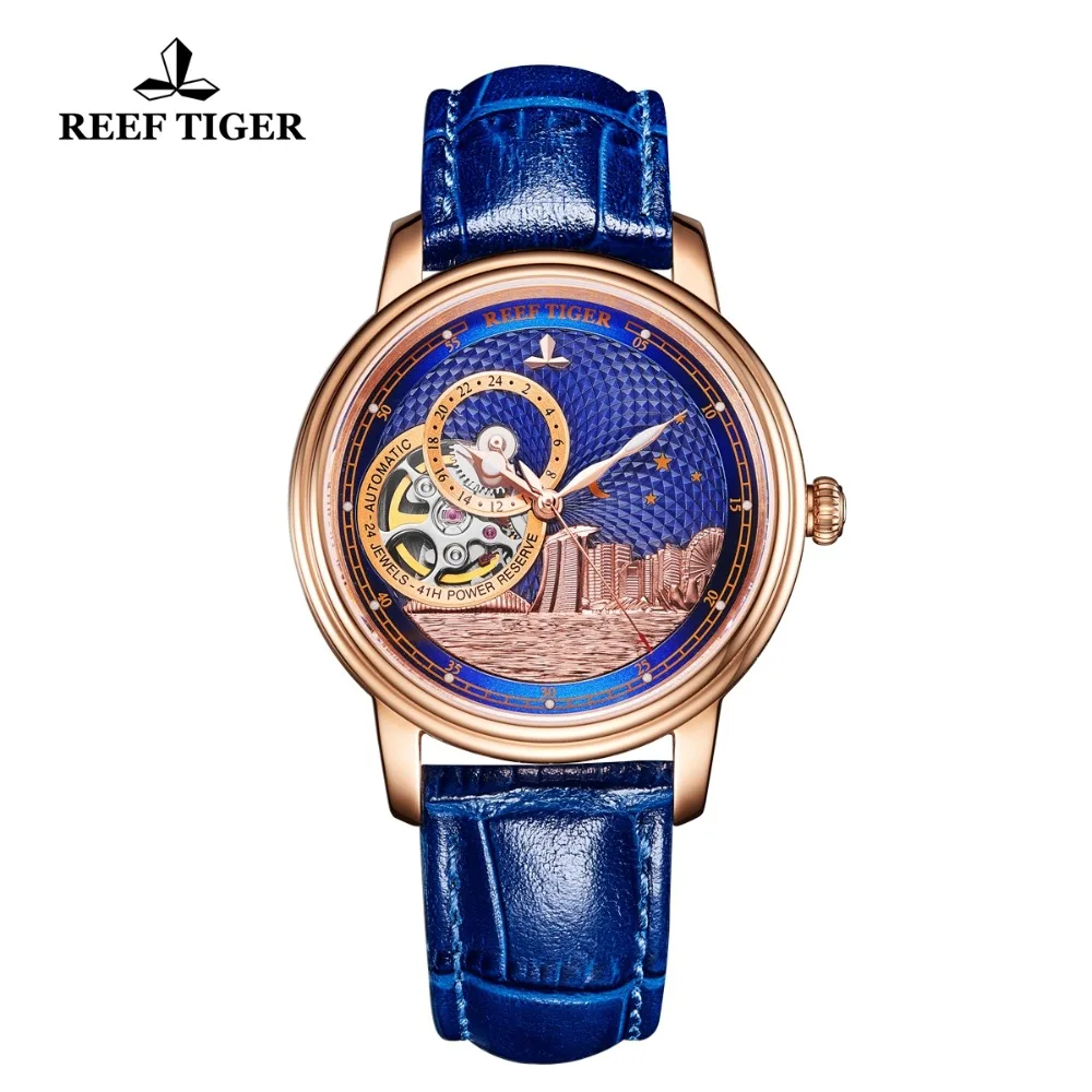 Часы Reef Tiger/RT мужские механические розовое золото синий цвет 2019 | Наручные часы