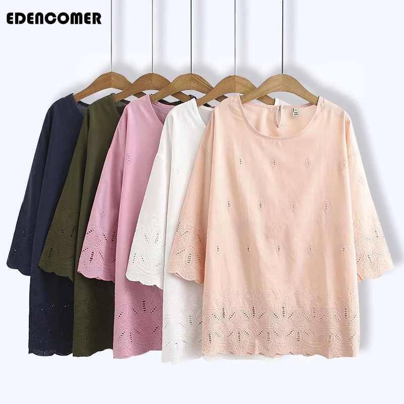 

Large-size Women's Seven-sleeve Shirts 2019 Fashion Round Collar Tops Pure Color Blouses Plus Size Women Clothing Shirt
