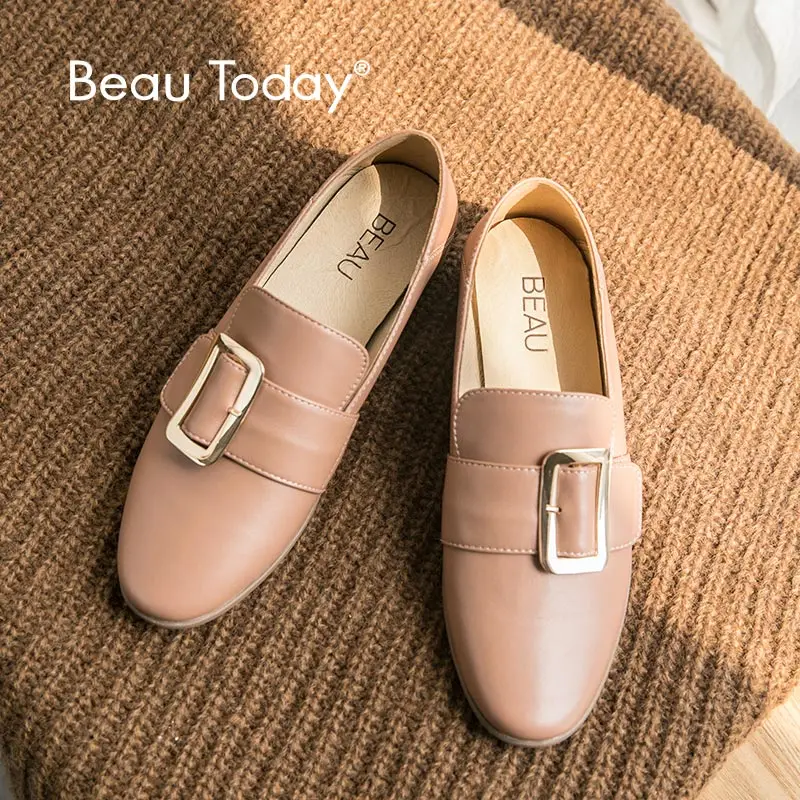 Beau Today/женские лоферы из натуральной кожи с металлической пряжкой; слипоны с круглым носком на плоской подошве; женская модельная Повседневная обувь; ручная работа; 27036
