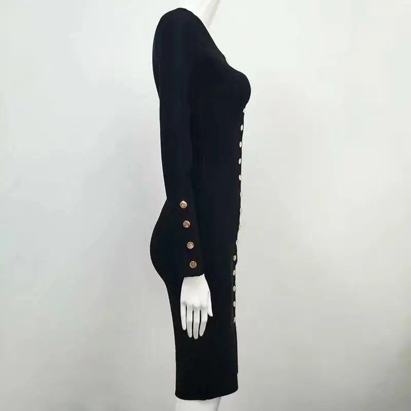 Женская летняя сексуальная кнопка с длинным рукавом черный обнаженный Bodycon Бандажное платье длиной до колена Элегантные дизайнерские платья