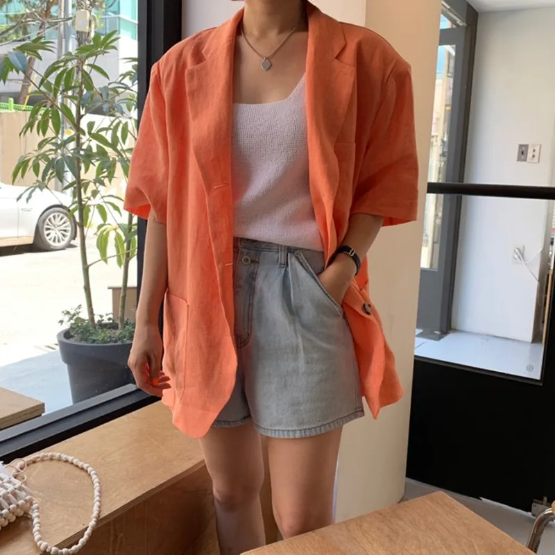 orange HziriP Блейзер Mujer однобортный офисный женский пиджак с коротким рукавом льняной яркий оранжевый пиджак Женский блейзер - Цвет: orange