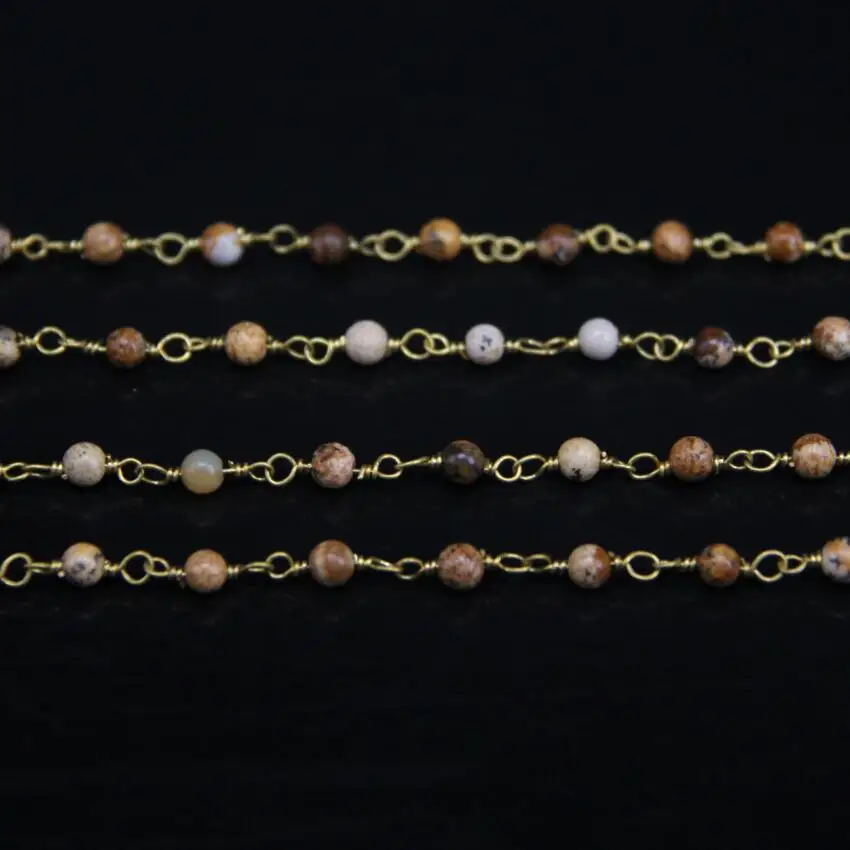 

4mm Picture Jaspers Rosary Chain,Natural Stone Gems Smooth Round beads Link Brass Wire Wrapped Chain Necklace