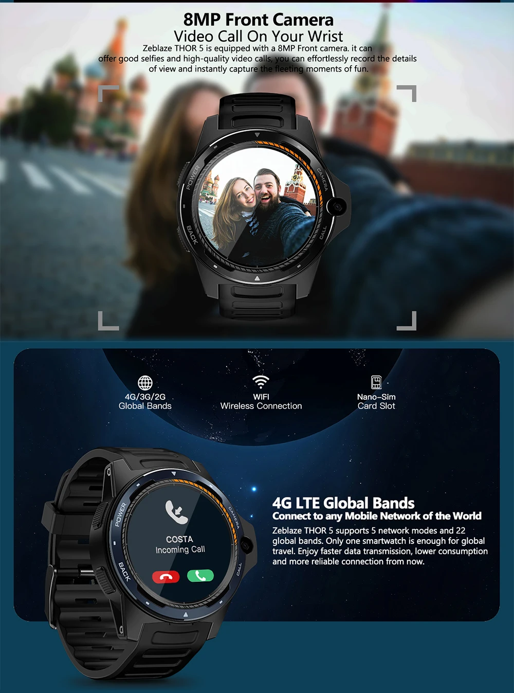 Флагман zeblaze Thor 5 двойная система гибридные Смарт-часы 1,3" AOMLED экран 8.0MP фронтальная камера 454*454 p x 2 GB+ 16 GB Смарт-часы