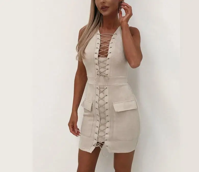 Сексуальное Замшевое платье на шнуровке летнее 2019 ажурное с высокой талией без